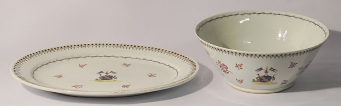 Antique Chinese Export Armorial Porcelain Platter & Punch Bowl