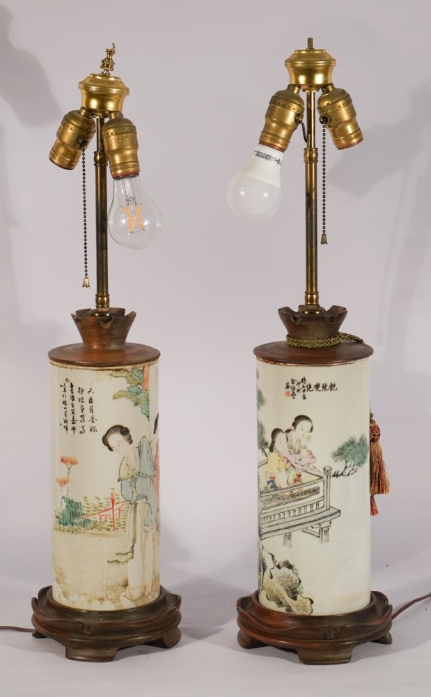 Excellent Pair Antique Chinese Porcelain Whig Stands Converted to Lamps: 19th century. Pair having excellent form and brilliantly decorated body with white ground. Each is in well kept condition no restorations or repairs detected. H11 1/4" (porcelain size only)