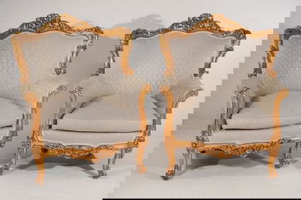 Pair French Rococo Style Gilded Easy Chairs