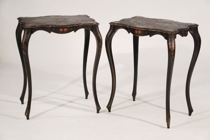 Fine Pair Victorian Lacquered & Mother of Pearl Inlaid Side Tables