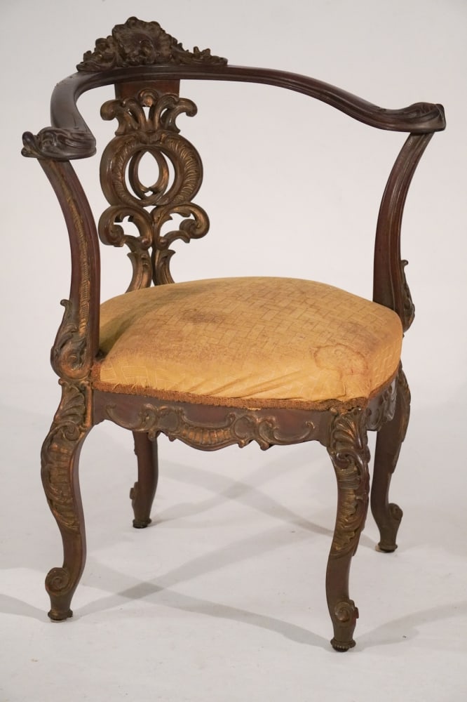 Antique French Carved Art Nouveau Corner Chair: Circa 1900. Having brilliantly carved frame boasting excellent lines and precisely carved acanthus and feather work. Nice sturdy shape ready to be used. H33" W28" D30" Sold from the collection of Vick