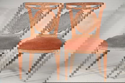 Fine Pair Antique French Fruitwood Carved & Upholstered Side Chairs