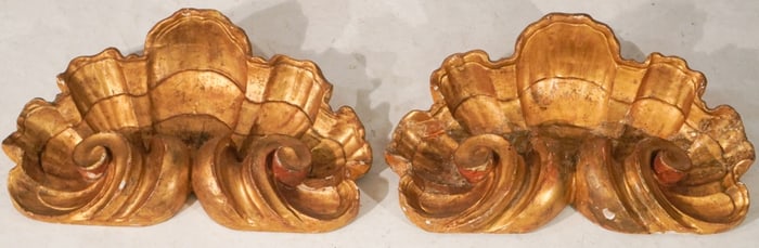 Charming Pair Continental Classical Carved & Gilt Shell Wall Hangers