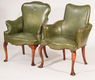 Near Pair Handsome Fruitwood & Leather Easy Chairs in the Queen Anne Style