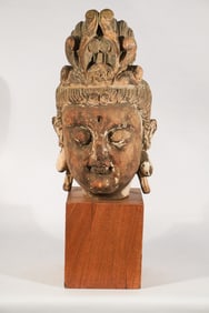 Antique Chinese Carved & Polychrome Head of Quan Yin