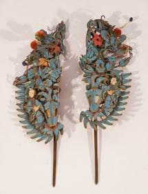 Excellent Pair Antique Chinese Qing Period Kingfisher Feather Hairpieces