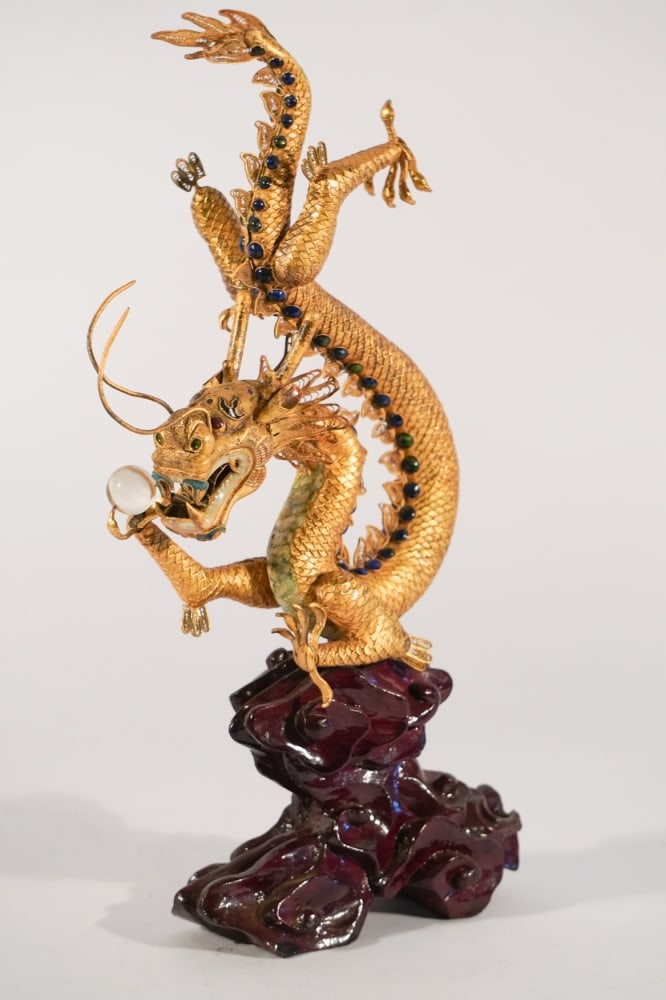 Fine Antique Chinese Enameled & Gilded Dragon: Early 20th century. Very nicely sculpted having a handsome form with gilded body and enamel trim. Nicely kept no cracks or restorations detected. H12 1/8"( including stand) Sold from the collection of