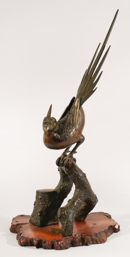 Excellent Antique Japanese Meiji Bronze Sculpture of Pheasant: 19th century having been exceptionally sculpted and cast. Very nice patina throughout and in well kept condition. Displayed well atop a wood stand. H23 1/2" Sold from the collection of Vickie Murrill