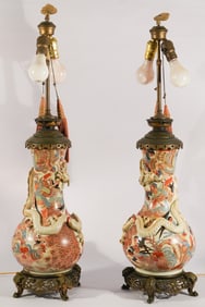 Pair Japanese Porcelain Urns Converted to Lamps