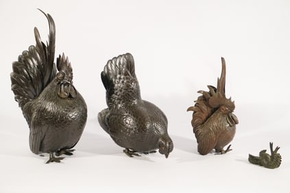 Antique Japanese Meiji Bronze Chickens