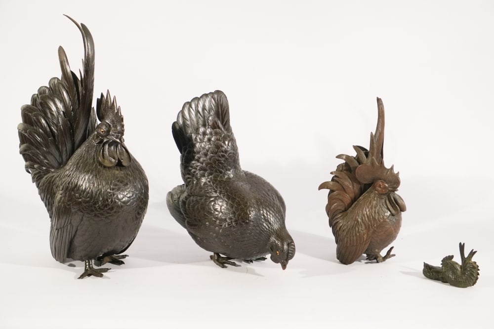 Antique Japanese Meiji Bronze Chickens (1 of 6)
