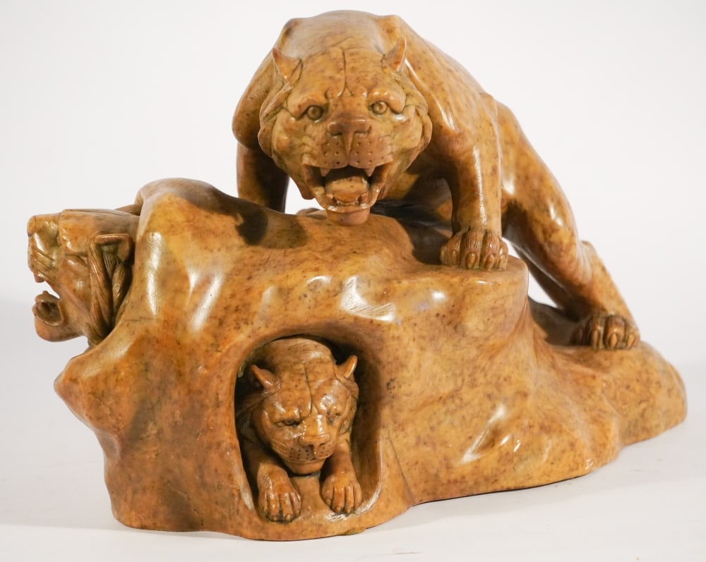 Chinese School Stone Sculpture Tigers on Boulder (1 of 2)