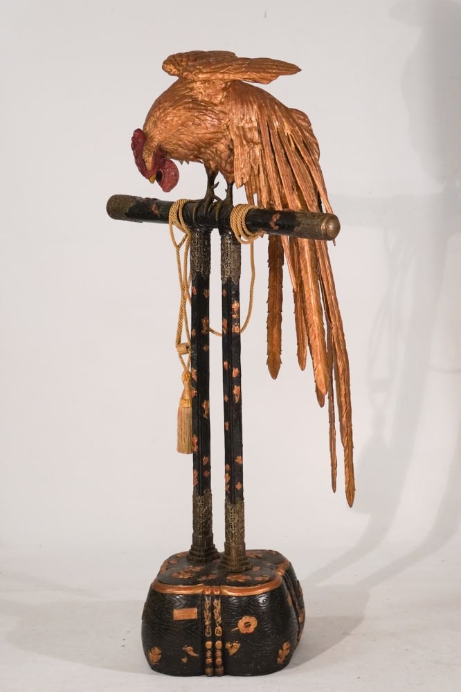 Exceptional Japanese Meiji Period Bronze Lifesize Rooster or Cock on Perch (1 of 4)