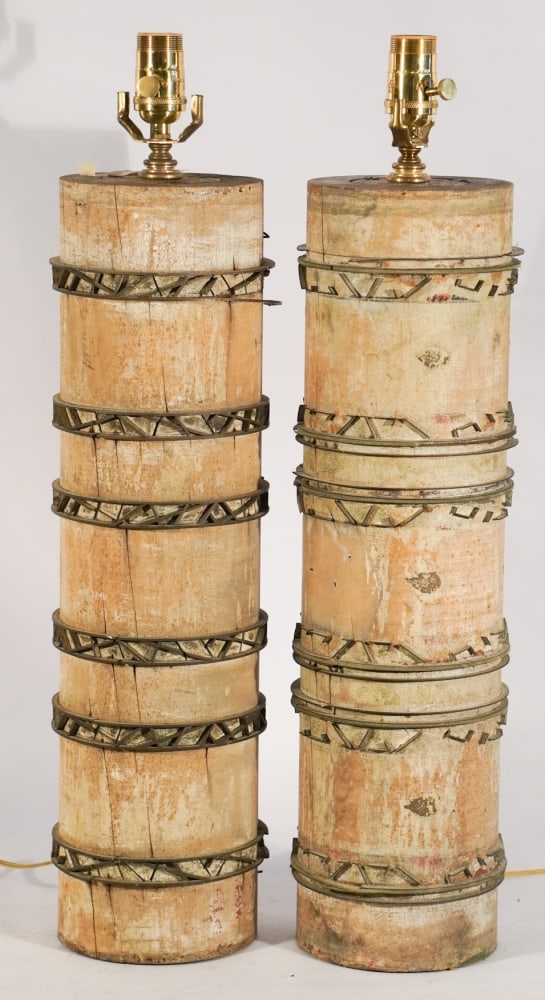Charming Pair Antique Paint Roller Lamps (1 of 3)