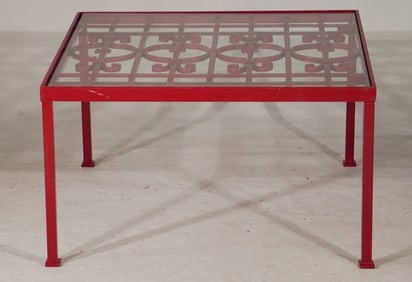 Handsome Custom Wrought Iron Red Lacquered Coffee Table With Glass Top