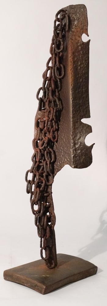 Striking Iron Mid Century Sculpture: Mid 20th century sculpture in iron of a very charming head profile incorporating chain as the hair. No apparent signature detected on the base. Very nice patina throughout. H29" Sold from the collecti