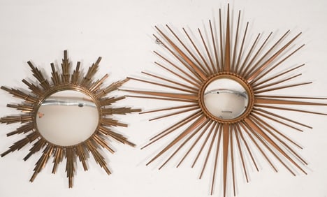 Two Excellent Art Deco Gilt Metal Sunburst Convex Mirror Wall Hangers