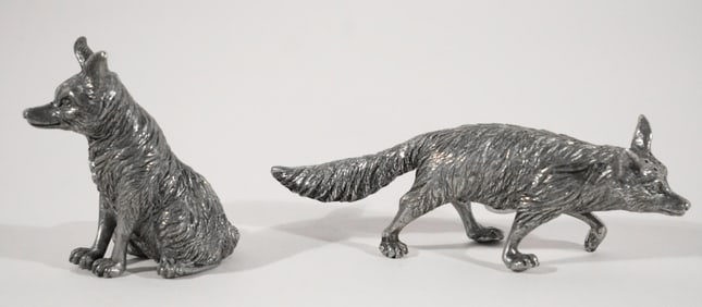 Excellent Pair English Silver Plate Sculptural Fox Salt & Pepper Casters
