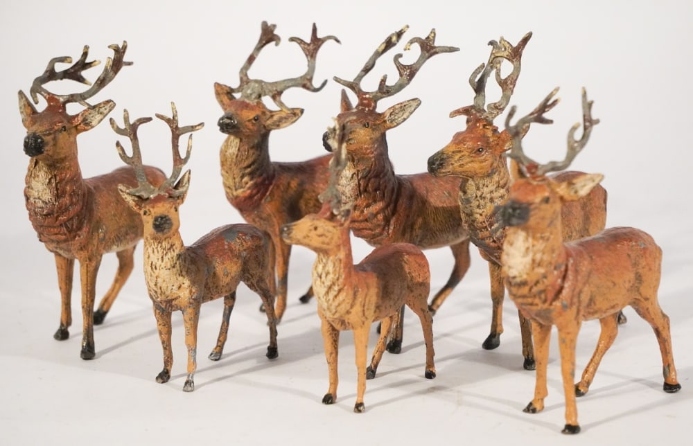 Excellent Set Antique German Cold Painted Metal Reindeer Figures (1 of 2)