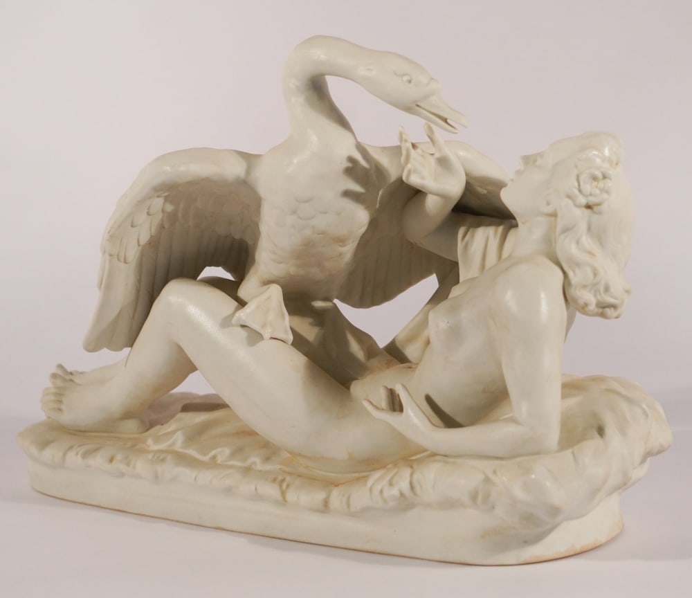 Antique Sitzendorf Porcelain Sculpture of Leda & Swan: 19th century figure having been brilliantly sculpted and formed. Excellent condition, no damage detected. W14 1/2" H9 1/2" Sold from the collection of Vickie Murrill Dawson of Camden, South Carolina.