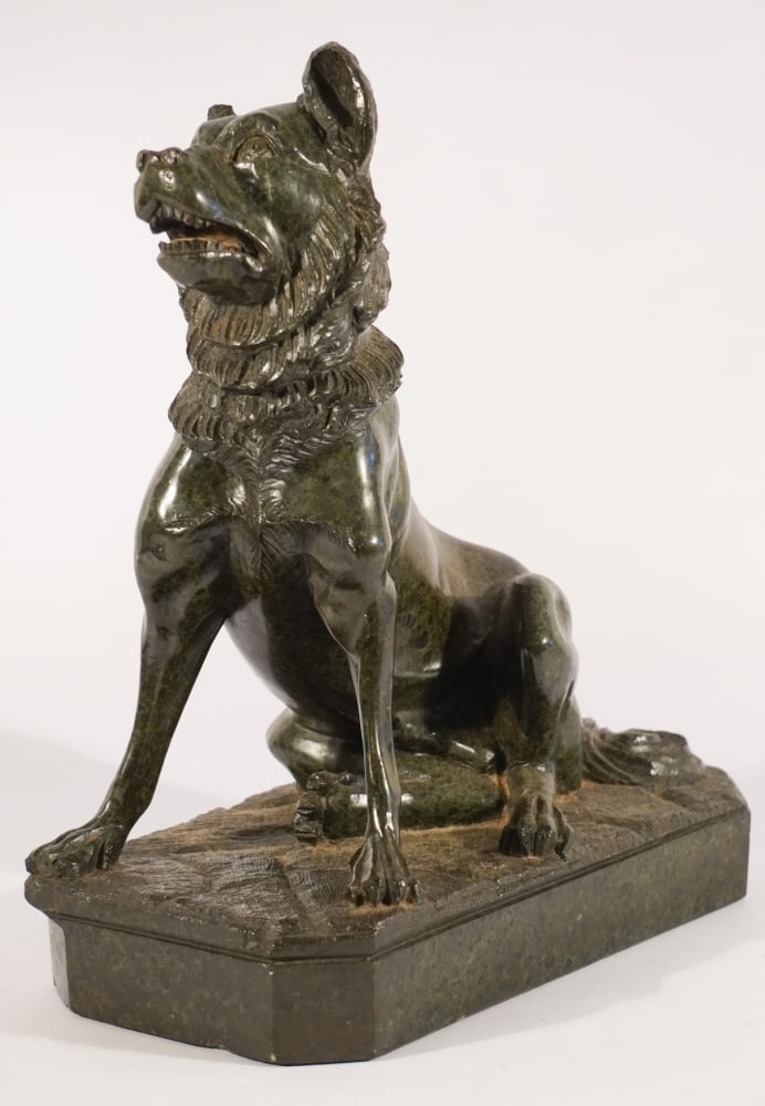 European School 19th Century Carved Marble Grand Tour Dog Sculpture: 19th century marble sculpture of handsome seated dog after the original in the Vatican city titled, " Dog of Alcibiades." Brilliant example having a nice size. Good condition no restorations or repair