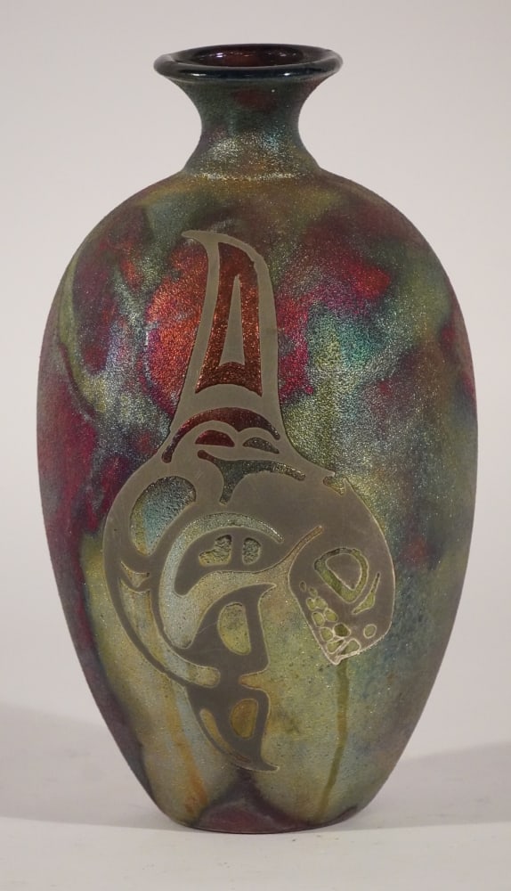 Stephan Roy: (America, 20th century) Raku pottery vase decorated with inuit or eskio whale at one side. Signed at the underside. Good condition. H9 1/8" Sold from the collection of Vickie Murrill Dawson of Camden,