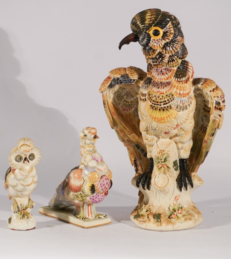 Brilliant Collection Italian Porcelain Sculptural Birds: Early 20th century collection of three very charming birds, a handsome hawk, a dove and a small owl. Each sculpted with shell form accents and hand decorated bodies. Likely colors throughout very char