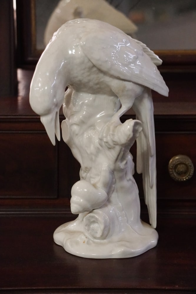 Excellent Antique German KPM Porcelain Magpie Sculptural Figure: Brilliant example having been very well sculpted and in well kept condition. Marked at the underside interior. H10 1/2" Sold from the collection of Vickie Murrill Dawson of Camden, South Carolina.