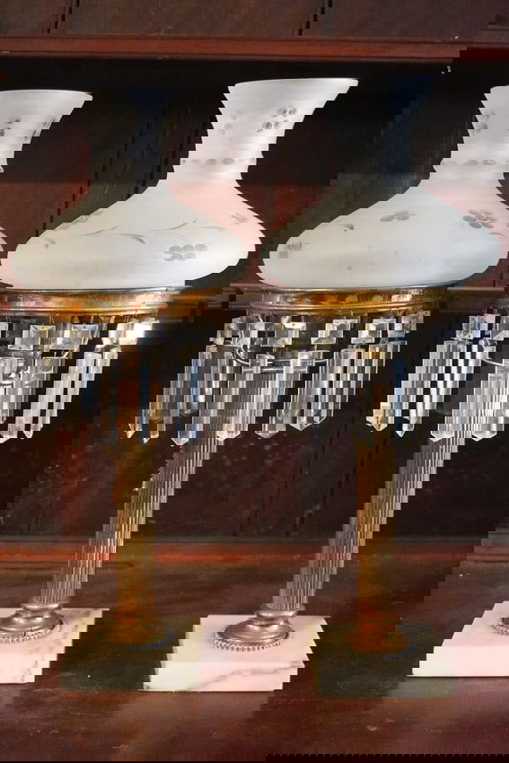 Handsome Pair Classical Astragal Lamps: Circa 1880. Having been electrified. Handsome pair having cut to clear frosted glass shade over the gilded base atop square marble foot. The foot of the bases having small split from over tightening b