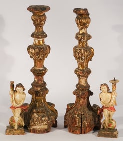 Pair Antique Italian Renaissance Carved Gilded & Polychrome Candlesticks