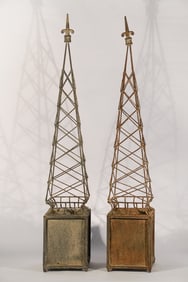 Vintage Pair of Designer Iron & Wire Obelisks
