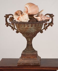 Excellent Cast Iron Classical Garden Urn With Natural Sea Shells