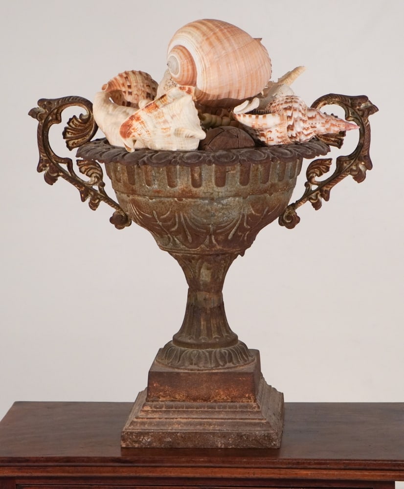 Excellent Cast Iron Classical Garden Urn With Natural Sea Shells (1 of 3)