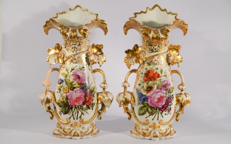 Pair Antique French Old Paris Porcelain Urns