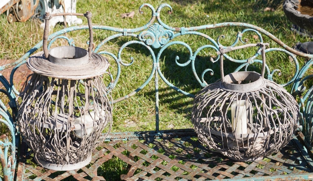 Adirondack Style Twig Hanging Porch Lanterns: 20th century. Crafted entirely of wooden twigs. Each in nice sturdy condition. Tallest: H22" Sold from the collection of Tonya and Bob Artinian of Camden, South Carolina and Woodstock, New York