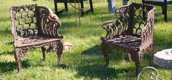 Pair Antique Cast Iron Garden Arm Chairs
