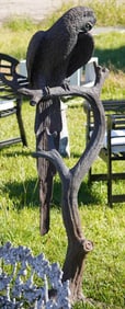 Continental School Bronze Garden Sculpture of Macaw or Parrot on Tree Trunk