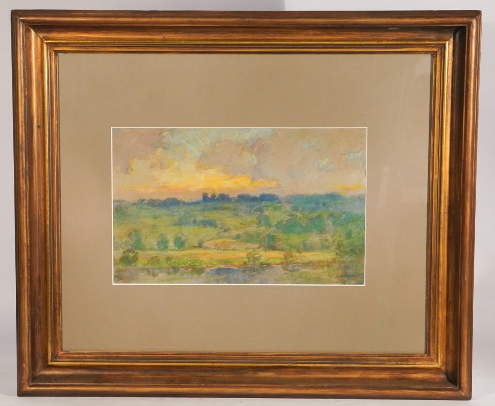 Winfield Scott Clime: (Connecticut, 1881 - 1958) Watercolor on paper summer sunset in the hill country. Signed lower right framed nicely. H9 1/8" W14 1/2" (without mat and frame) Sold from the collection of a Charleston, S