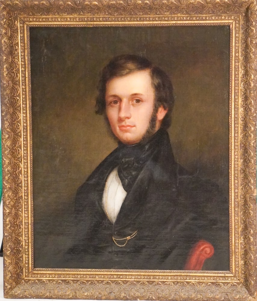 American or British School Portrait Stately Man: Circa 1820. Oil on canvas, very nicely rendered work of stately young man in a well appointed setting housed in period frame. Framed: H35" W29 1/2" Sold from the collection of a Buckhead lady, Atlanta