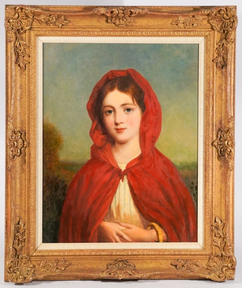 British or American School Portrait of Young Lady: Late 19th century. A very nicely rendered portrait of the young lady, likely Red Riding Hood. . Framed nicely as well. Site size: H18" W14" (without frame)