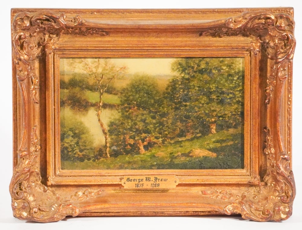 George W. Drew: (1875 - 1968, New York) Oil on canvas lake size view framed nicely and signed lower right. Framed: H8 1/2" W11" Sold from the collection of Vickie Murrill Dawson of Camden, South Carolina.