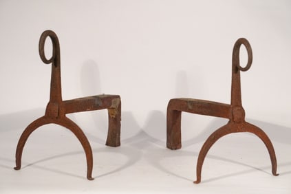 Very Handsome Pair Antique American Wrought Iron Andirons