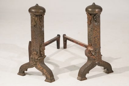 Handsome Pair Signed Peerless Arts & Crafts Brass & Iron Andirons