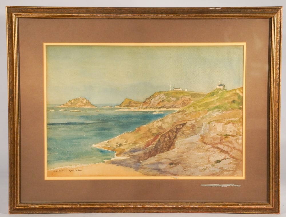 Gaston Marie Anatole Roullet: (France, 1847 - 1925) Watercolor on paper rocky coastline with lighthouse in the distance. Signed lower right. Site size: H11 1/4" W16 1/4" (without mat and frame) Sold from the collection of a Charle