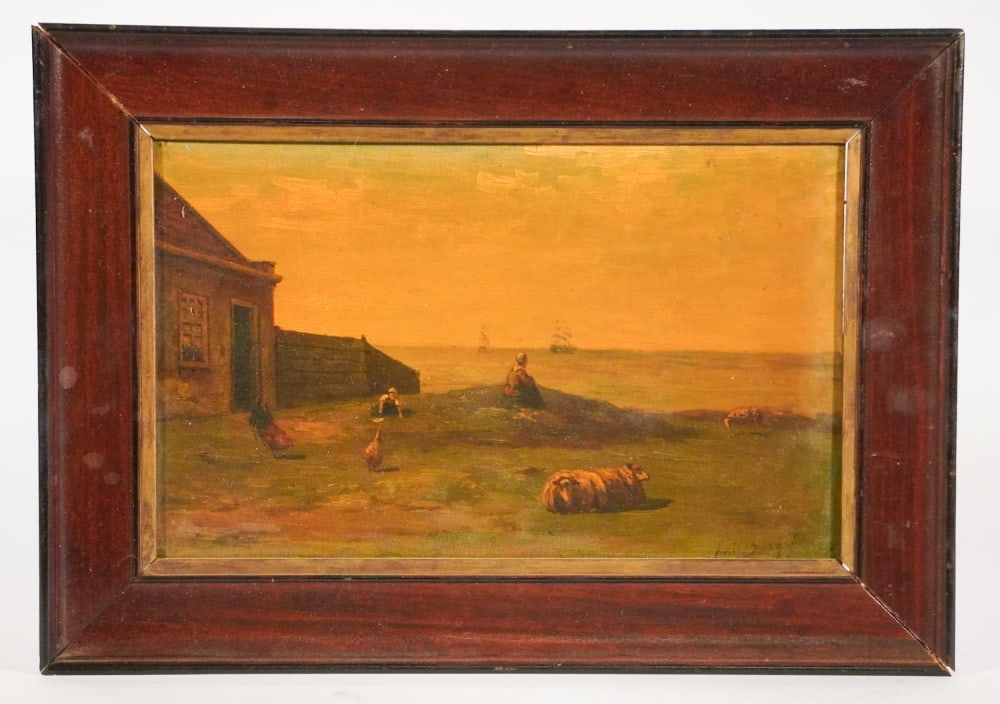 British School: Mid to late 19th century. Oil on board well rendered coastal home setting with ships in the distance. Signed illegibly lower right. Framed: H11 3/4" W16 1/2" Sold from the collection of Vickie Murrill