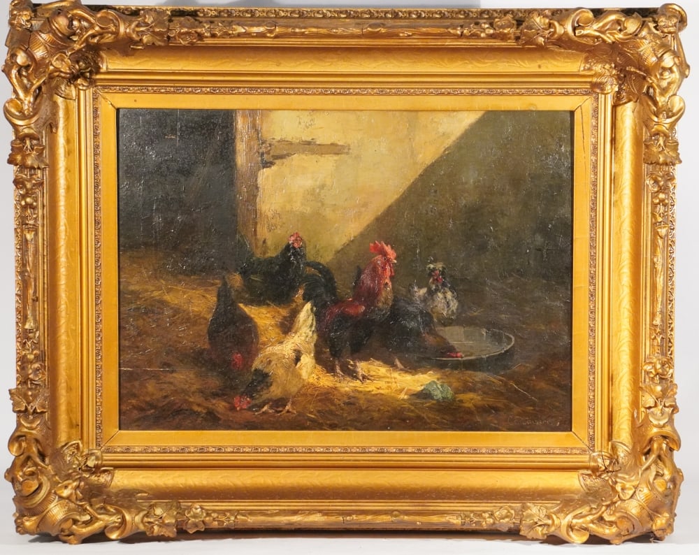 European School: Early 19th Century. Excellent work very well rendered oil on board of chickens in barn setting. The work is signed lower right illegibly and has a note on verso which is very difficult to decipher. Th