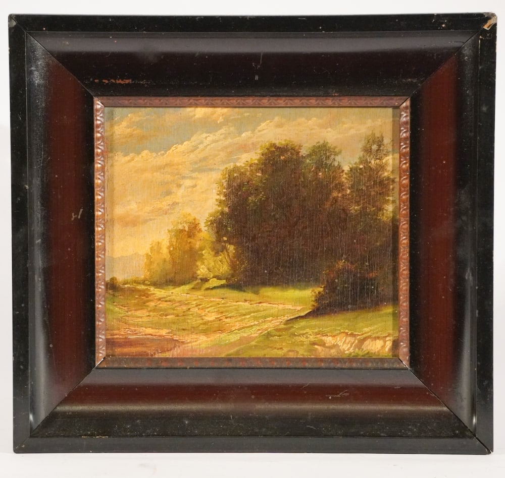 British or American School: 19th or early 20th century. Charming landscape oil on board framed nicely. No signature detected. Well rendered work. Framed: H12" W13 1/8" Sold from the collection of Vickie Murrill Dawson of Camden,