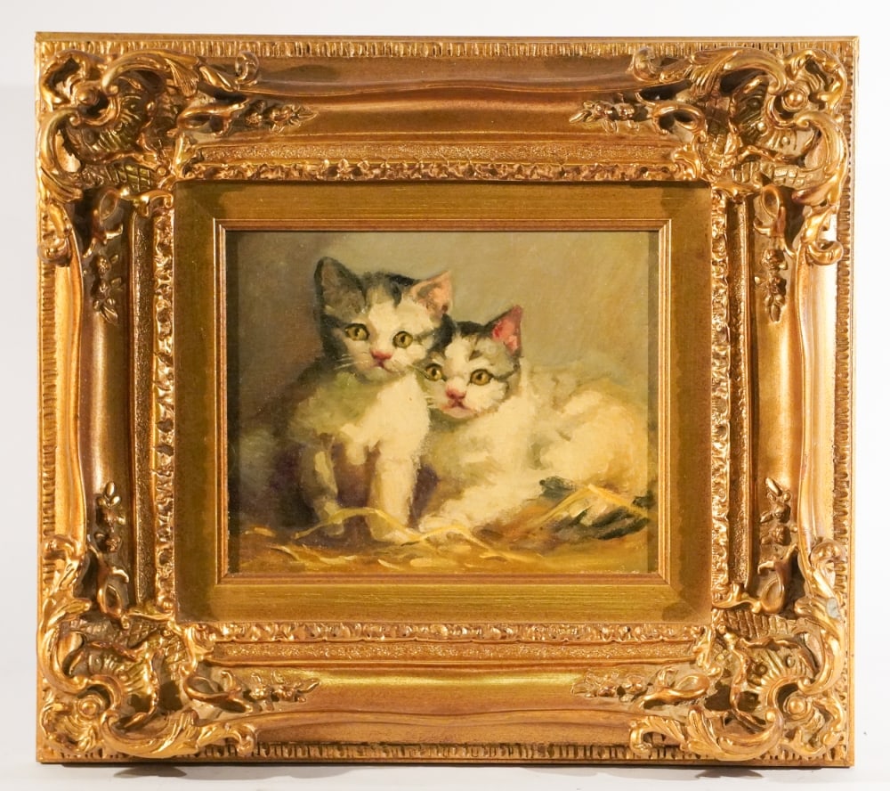 American School: Early 20th century. Oil on board, well rendered portrait of kittens framed nicely. The piece has a stenciled art board supplier of New Jersey on verso. Nice well kept condition. Framed: H16" W17 3/4" 