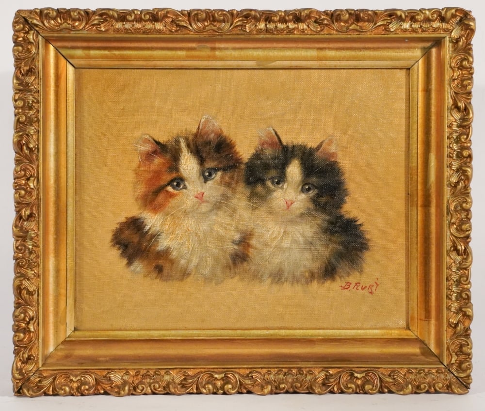 Burckhardt Flury: (1862-1928, Switzerland) Excellent portrait of kittens signed lower right and housed in a handsome period frame. Framed: H11 1/2" W13" Sold from the collection of Vickie Murrill Dawson of Camden, Sout