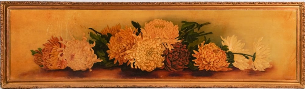 American or British School: Circa 1900. Charming oil on canvas horizontal floral still life framed in period gilt frame. Signed illegibly lower right. Framed: L42" H12" Sold from the collection of Vickie Murrill Dawson of Camden